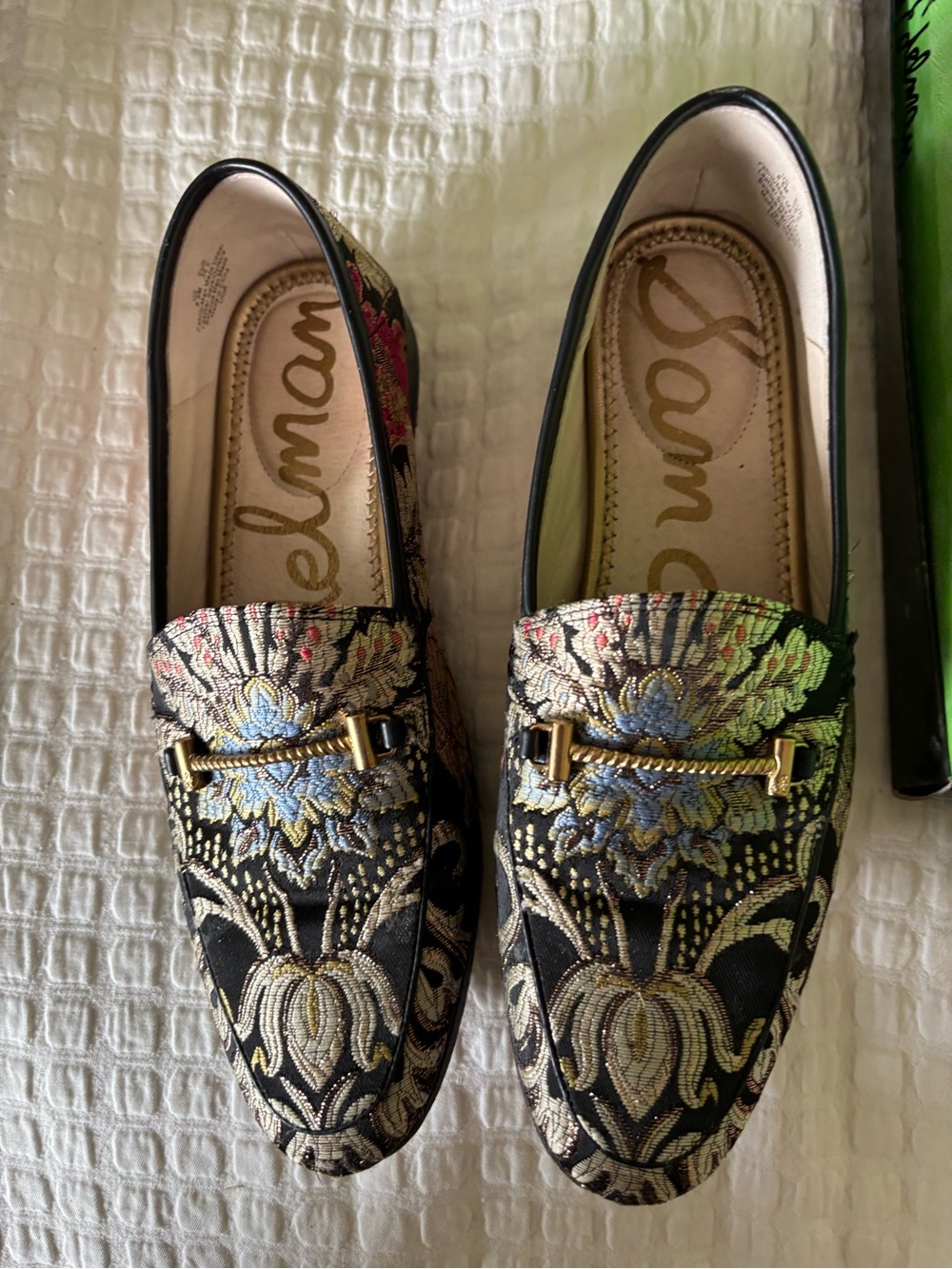 Sam Edelman Black Floral Brocade Loafers with Gold Accent